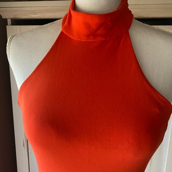 Bebe Bright Red Halter Cocktail Midi Dress Criss Cross Back S Bodycon Sexy - Picture 3 of 8